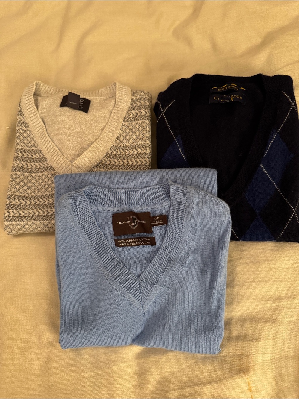 3 Sz Small Men’s V-Neck sweater vests (2 Cotton, 1 Merino wool)